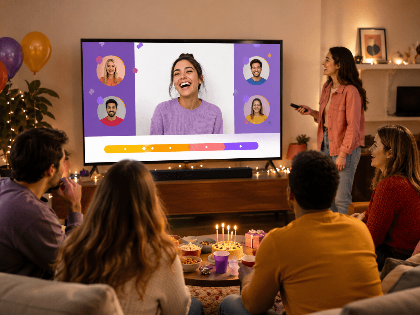 A birthday game hosted on a large TV screen